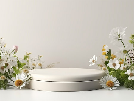 3d render of white podium with daisies and daisiesの素材