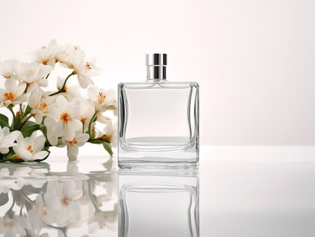 Perfume bottle with flowers on white background, closeup. Space for textの素材