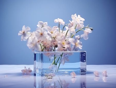 Bouquet of flowers in a glass vase on blue backgroundの素材