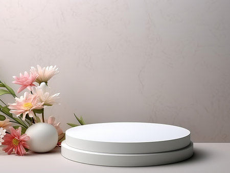 3d render, abstract minimal geometric forms. Glossy white podium, pedestal or platform for cosmetic product presentation.の素材