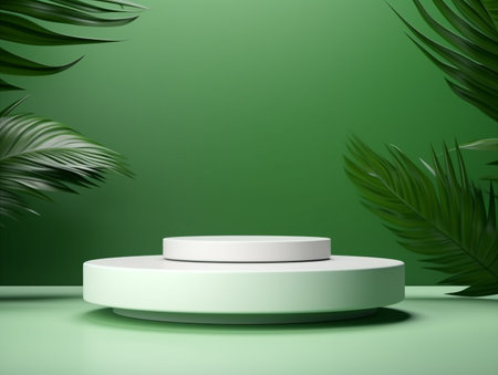 3d render of white podium on green background with palm leaves.の素材