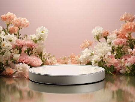 Cosmetic product display podium and flowers on pink background. 3d renderの素材