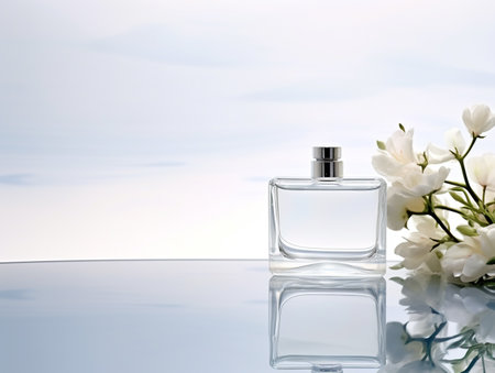 Perfume bottle with white jasmine flowers on glass tableの素材