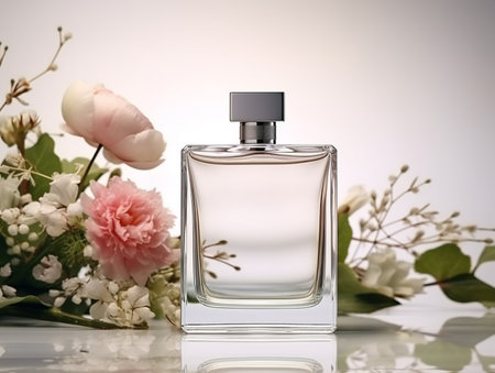 Perfume bottle with flowers on a white background. Perfumery concept.の素材