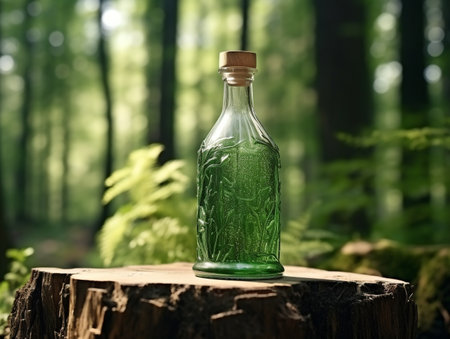 Glass bottle with magic elixir on wooden stump in green forest.の素材