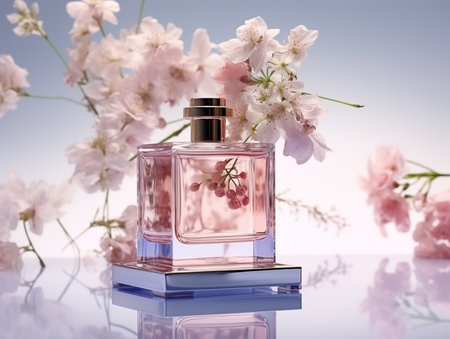 Perfume bottle with pink cherry blossoms on blue background.の素材