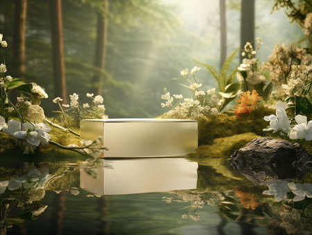 3D render of a white product display podium in a green forestの素材
