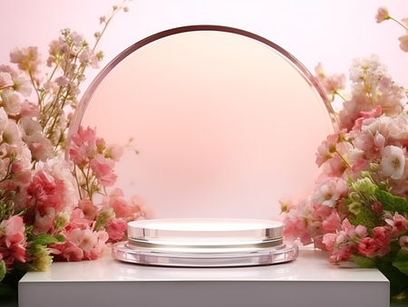 Podium for product display with floral background. 3d render.の素材