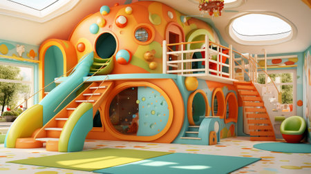 Children's playroom with a slide and a slide. 3d renderingの素材