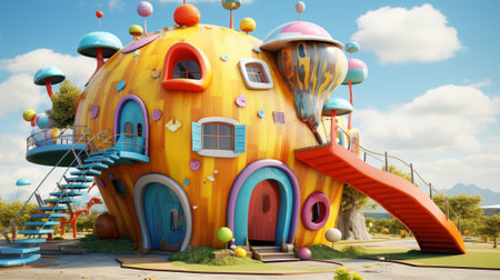 Children's playground in the form of a house with colorful balloons.の素材