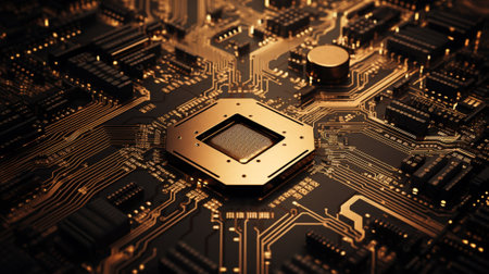 Close-up of electronic circuit board with processor. 3d renderingの素材