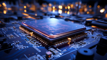 Close-up of electronic circuit board with processor. 3d renderingの素材