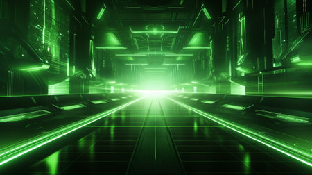 futuristic green tunnel corridor with glowing lights and reflections 3d renderingの素材