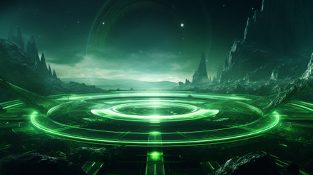 Futuristic fantasy landscape with neon lights and planet surface 3d renderingの素材