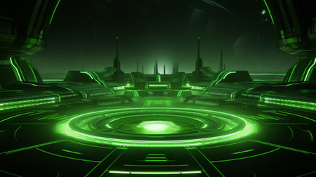 Futuristic sci-fi city with glowing neon lights 3D renderingの素材