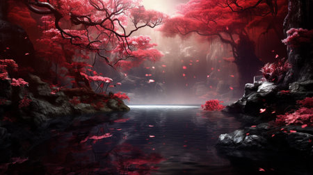 Fantasy landscape with red forest and lake. 3D rendering.の素材