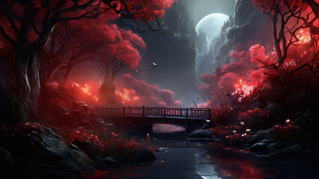 Fantasy landscape with red trees, river and bridge. 3D renderingの素材