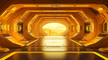 3D CG rendering of space ship corridor with view of the mountainsの素材