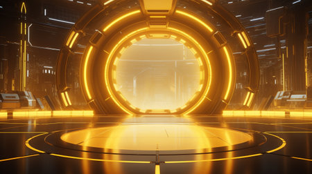 3D rendering of an abstract background with a glowing yellow circle.の素材
