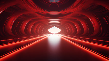 3d rendering of abstract red tunnel corridor with glowing lights and reflectionsの素材