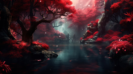 Fantasy landscape with red forest and lake. 3D illustration.の素材