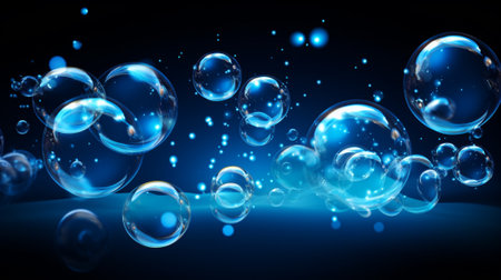 Blue soap bubbles on a dark background. 3d rendering, 3d illustration.の素材