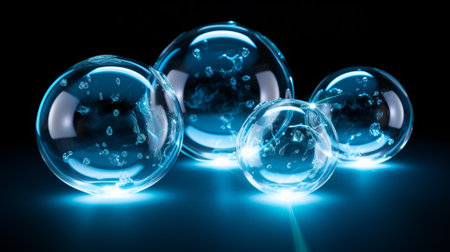 3D Illustration of a group of blue soap bubbles with reflectionの素材