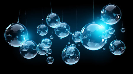 abstract 3d illustration of blue glass balls with water drops on black backgroundの素材