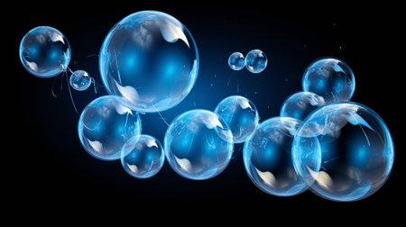 Blue soap bubbles isolated on black background. 3d rendering, 3d illustration.の素材