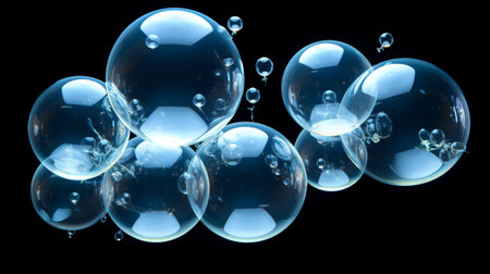 Soap bubbles isolated on black background. 3d illustration. Macroの素材