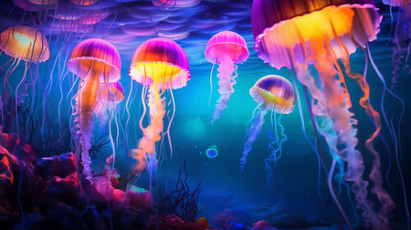 Jellyfish swimming in the ocean. Colorful jellyfishes.の素材