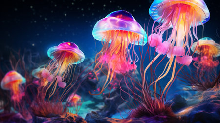 Jellyfish in the ocean. 3D rendering. Underwater world.の素材