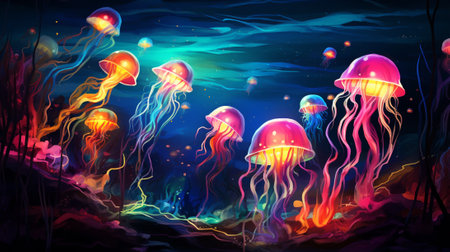 Jellyfishes in the night sky. Colorful illustration.の素材