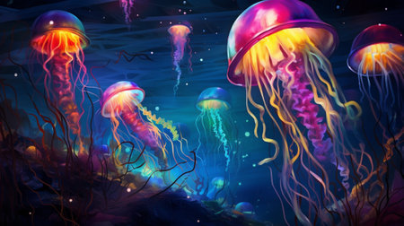 Jellyfish in the deep ocean. Underwater world. 3d renderingの素材