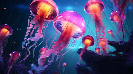 Jellyfish swimming in the ocean. 3D rendering of jellyfishの素材
