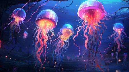 Jellyfish in the sea. Underwater world. 3d renderingの素材