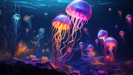 Jellyfish in the sea. 3d illustration of jellyfishの素材