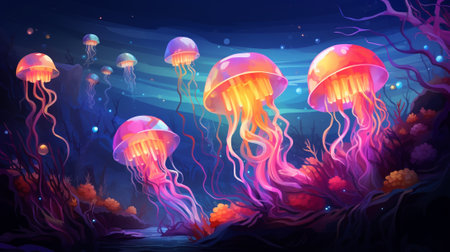 Jellyfish swimming in the sea at night. Vector illustration.の素材