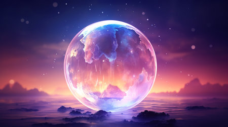 Fantasy landscape with planet in the clouds. 3d illustration.の素材