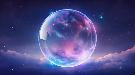 Glowing sphere in space with stars and nebula. Vector illustration.の素材