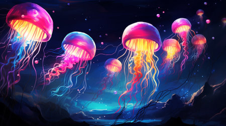 Illustration of jellyfishes floating in the dark night sky.の素材