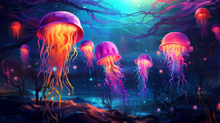 Illustration of jellyfishes in the deep forest at night.の素材