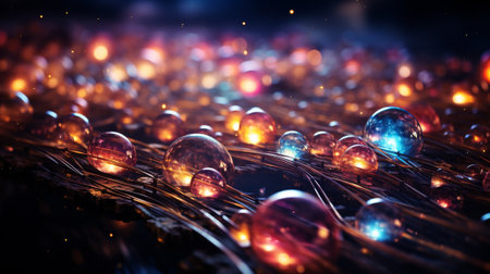 Glowing glass balls on black background. 3d rendering toned imageの素材