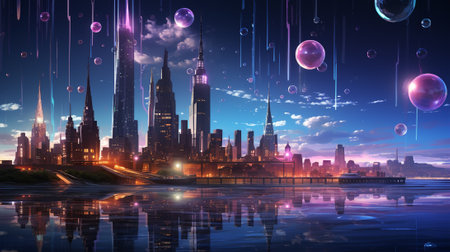 Futuristic city background with planet earth and water surface. 3d renderingの素材