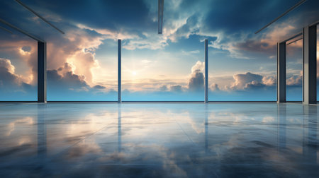 Empty room with blue sky and clouds. 3d render illustration.の素材