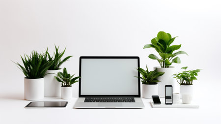 Laptop with blank screen, mobile phone and houseplants on white backgroundの素材