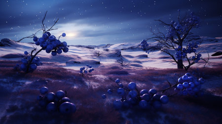 Fantasy landscape with blueberries in the snow. Generative AIの素材