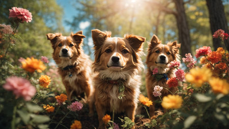 Group of dogs and flowers in the forest at sunset. Selective focus.の素材