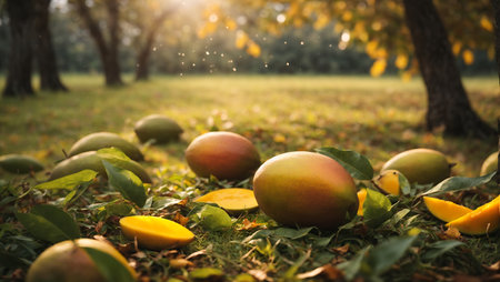 Mango fruit on the grass in the garden. Selective focus.の素材