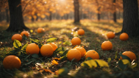 Tangerines on the ground in the autumn forest. Shallow depth of field.の素材